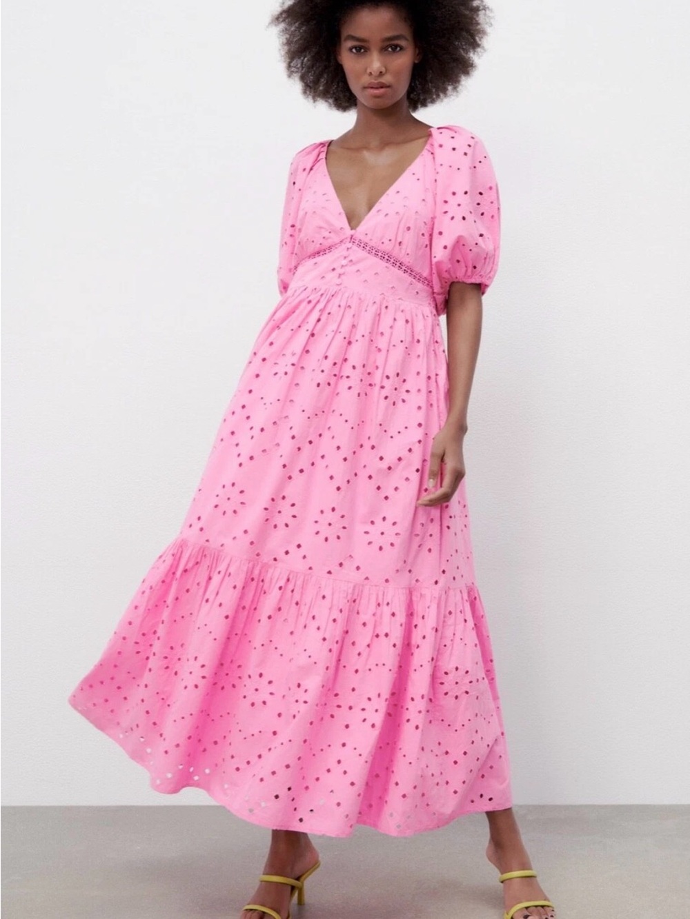 Zara Pink Eyelet V-Neck Tiered Maxi Dress